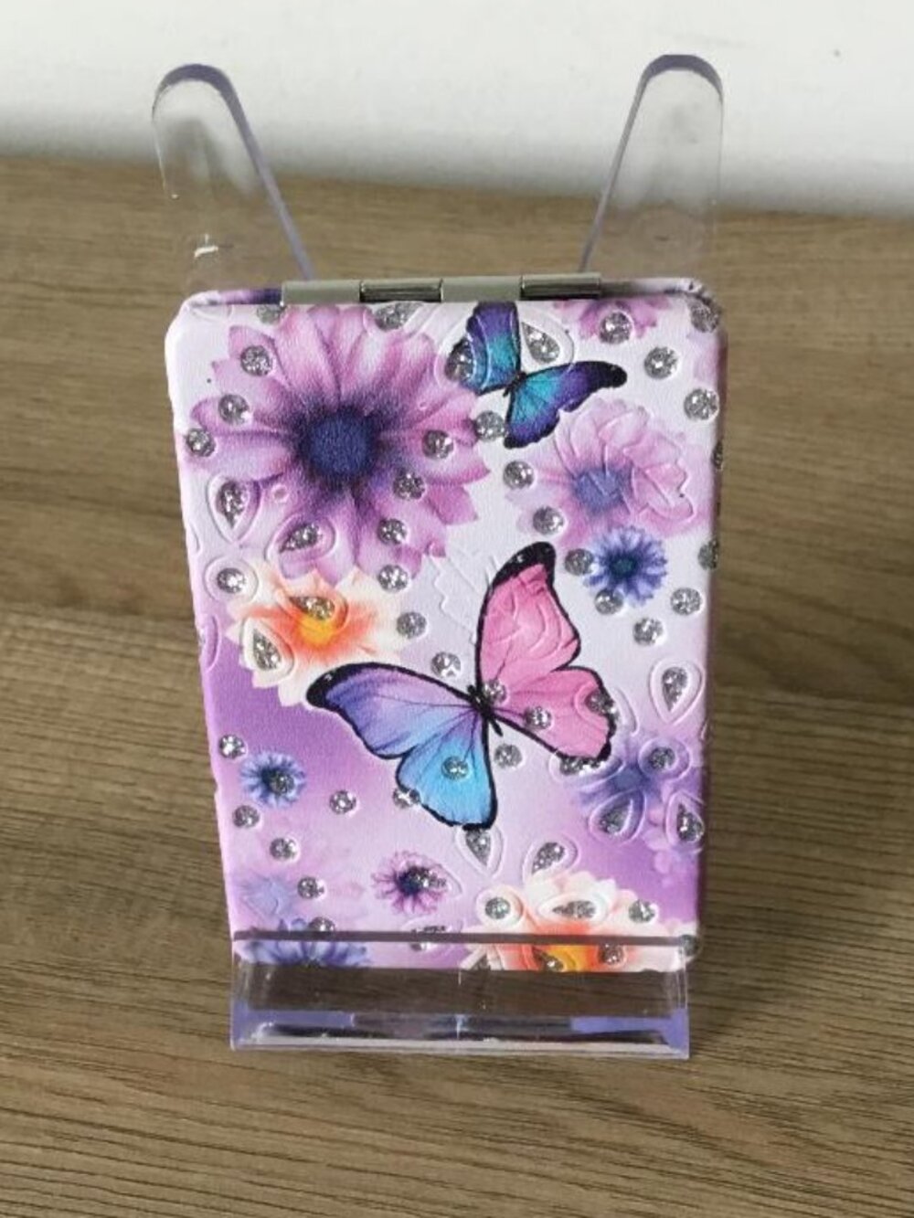 Compact Mirror Double Sided Hinged with Butterflies and Glitter Gems NWOT